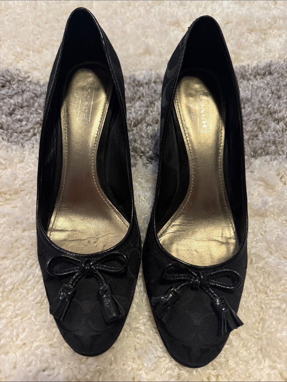 Coach Black Logo Ballet Flats with Tassel Bow